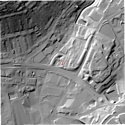 Shaded relief map of the ground around BB16LF, computed from Environment Agency LiDAR. The ground here sits at about 113 m above sea level and falls 55 m across the surrounding 800 m. Surface water reaching this point runs off ground lying to the east, 8.4 m higher.