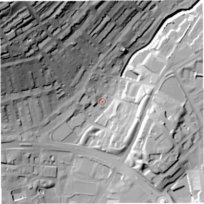 Shaded relief map of the ground around BB16LH, computed from Environment Agency LiDAR. The ground here sits at about 112 m above sea level and falls 69 m across the surrounding 800 m. Surface water reaching this point runs off ground lying to the north-west, 66.1 m higher.
