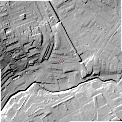 Shaded relief map of the ground around BB16LP, computed from Environment Agency LiDAR. The ground here sits at about 122 m above sea level and falls 47 m across the surrounding 800 m. Surface water reaching this point runs off ground lying to the north, 10.2 m higher.