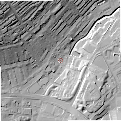 Shaded relief map of the ground around BB16LQ, computed from Environment Agency LiDAR. The ground here sits at about 113 m above sea level and falls 73 m across the surrounding 800 m. Surface water reaching this point runs off ground lying to the north-west, 6.6 m higher.
