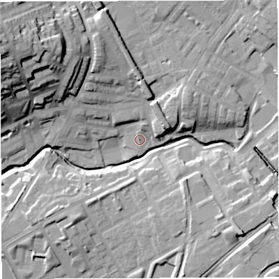 Shaded relief map of the ground around BB16LT, computed from Environment Agency LiDAR. The ground here sits at about 118 m above sea level and falls 38 m across the surrounding 800 m. Surface water reaching this point runs off ground lying to the north-east, 9.6 m higher.
