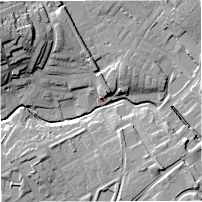 Shaded relief map of the ground around BB16LU, computed from Environment Agency LiDAR. The ground here sits at about 117 m above sea level and falls 34 m across the surrounding 800 m. Surface water reaching this point runs off ground lying to the north-east, 17.6 m higher.