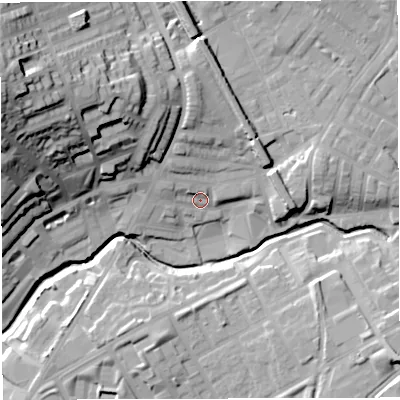 Shaded relief map of the ground around BB16LX, computed from Environment Agency LiDAR. The ground here sits at about 119 m above sea level and falls 48 m across the surrounding 800 m. Surface water reaching this point runs off ground lying to the north, 12.9 m higher.