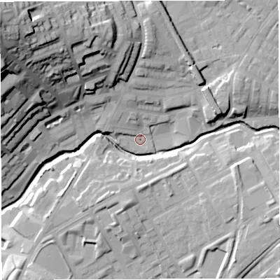 Shaded relief map of the ground around BB16NB, computed from Environment Agency LiDAR. The ground here sits at about 115 m above sea level and falls 53 m across the surrounding 800 m. Surface water reaching this point runs off ground lying to the north, 10.1 m higher.