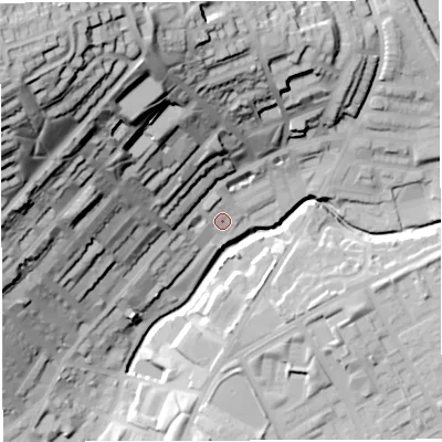Shaded relief map of the ground around BB16NH, computed from Environment Agency LiDAR. The ground here sits at about 119 m above sea level and falls 75 m across the surrounding 800 m. Surface water reaching this point runs off ground lying to the north-north-west, 46.9 m higher.