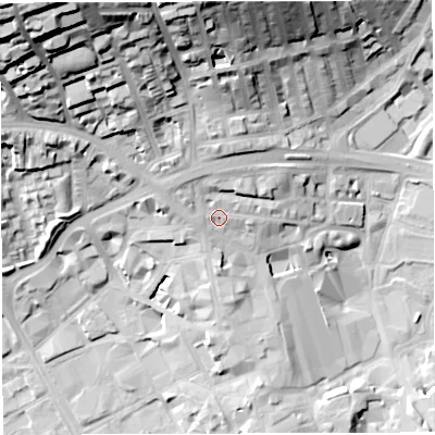 Shaded relief map of the ground around BB17AR, computed from Environment Agency LiDAR. The ground here sits at about 119 m above sea level and falls 54 m across the surrounding 800 m. Surface water reaching this point runs off ground lying to the north-north-west, 35.2 m higher.