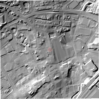 Shaded relief map of the ground around BB17DJ, computed from Environment Agency LiDAR. The ground here sits at about 115 m above sea level and falls 28 m across the surrounding 800 m. Surface water reaching this point runs off ground lying to the west-north-west, 1.3 m higher.