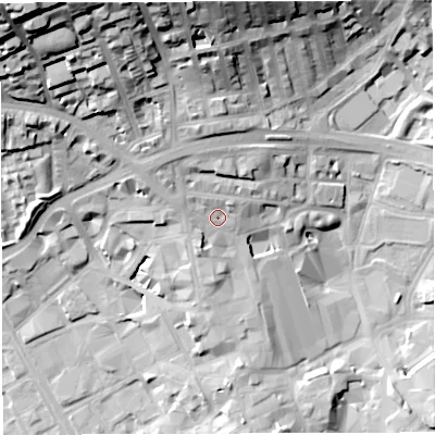 Shaded relief map of the ground around BB17DT, computed from Environment Agency LiDAR. The ground here sits at about 117 m above sea level and falls 49 m across the surrounding 800 m. Surface water reaching this point runs off ground lying to the north-north-west, 28.5 m higher.