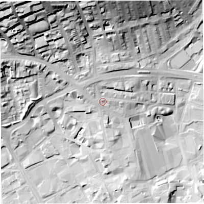 Shaded relief map of the ground around BB17EB, computed from Environment Agency LiDAR. The ground here sits at about 118 m above sea level and falls 54 m across the surrounding 800 m. Surface water reaching this point runs off ground lying to the north-north-west, 34.1 m higher.