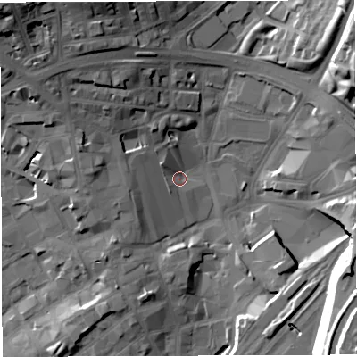 Shaded relief map of the ground around BB17JG, computed from Environment Agency LiDAR. The ground here sits at about 109 m above sea level and falls 28 m across the surrounding 800 m. Surface water reaching this point runs off ground lying to the north-west, 23.7 m higher.
