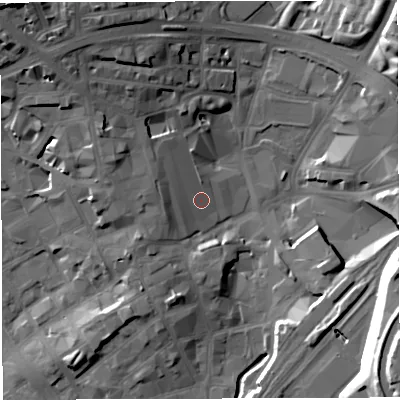 Shaded relief map of the ground around BB17NQ, computed from Environment Agency LiDAR. The ground here sits at about 110 m above sea level and falls 27 m across the surrounding 800 m. Surface water reaching this point runs off ground lying to the north-west, 9.9 m higher.