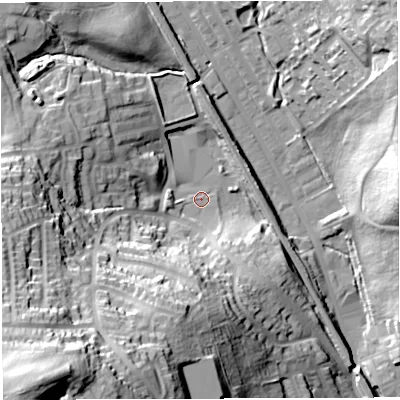 Shaded relief map of the ground around BB17SB, computed from Environment Agency LiDAR. The ground here sits at about 131 m above sea level and falls 72 m across the surrounding 800 m. Surface water reaching this point runs off ground lying to the south-south-west, 45.0 m higher.