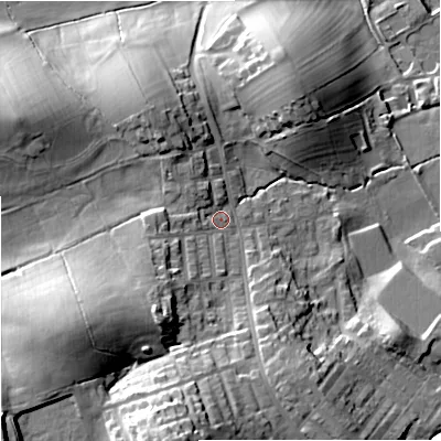 Shaded relief map of the ground around BB185AS, computed from Environment Agency LiDAR. The ground here sits at about 144 m above sea level and falls 38 m across the surrounding 800 m. Surface water reaching this point runs off ground lying to the south-west, 20.8 m higher.