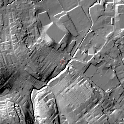Shaded relief map of the ground around BB185ED, computed from Environment Agency LiDAR. The ground here sits at about 145 m above sea level and falls 37 m across the surrounding 800 m. Surface water reaching this point runs off ground lying to the west-south-west, 8.3 m higher.