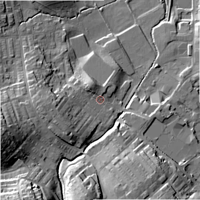 Shaded relief map of the ground around BB185EN, computed from Environment Agency LiDAR. The ground here sits at about 145 m above sea level and falls 34 m across the surrounding 800 m. Surface water reaching this point runs off ground lying to the west-south-west, 10.9 m higher.