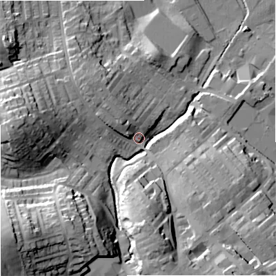 Shaded relief map of the ground around BB185HD, computed from Environment Agency LiDAR. The ground here sits at about 149 m above sea level and falls 41 m across the surrounding 800 m. Surface water reaching this point runs off ground lying to the south-west, 34.1 m higher.