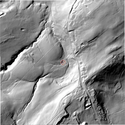 Shaded relief map of the ground around BB185HG, computed from Environment Agency LiDAR. The ground here sits at about 205 m above sea level and falls 95 m across the surrounding 800 m. Surface water reaching this point runs off ground lying to the west-south-west, 28.2 m higher.