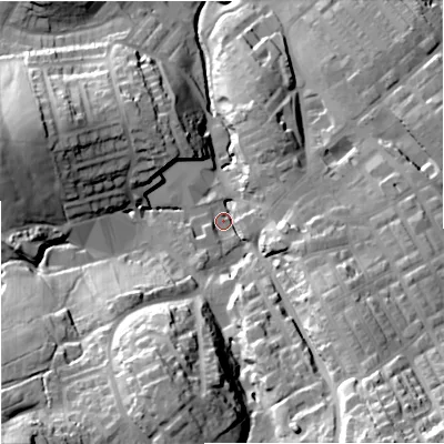 Shaded relief map of the ground around BB185HN, computed from Environment Agency LiDAR. The ground here sits at about 159 m above sea level and falls 53 m across the surrounding 800 m. Surface water reaching this point runs off ground lying to the south-east, 35.9 m higher.