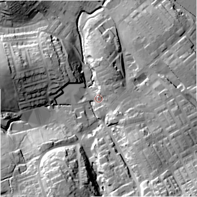 Shaded relief map of the ground around BB185HP, computed from Environment Agency LiDAR. The ground here sits at about 162 m above sea level and falls 48 m across the surrounding 800 m. Surface water reaching this point runs off ground lying to the south-south-west, 35.7 m higher.