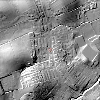 Shaded relief map of the ground around BB185JU, computed from Environment Agency LiDAR. The ground here sits at about 147 m above sea level and falls 37 m across the surrounding 800 m. Surface water reaching this point runs off ground lying to the south-south-west, 24.9 m higher.