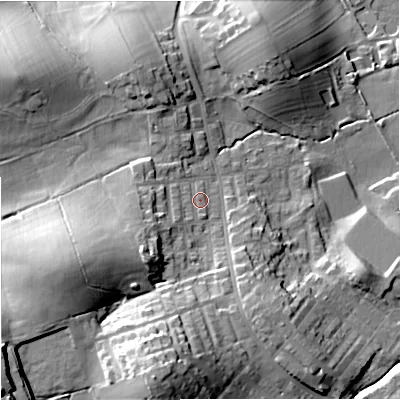 Shaded relief map of the ground around BB185JZ, computed from Environment Agency LiDAR. The ground here sits at about 146 m above sea level and falls 38 m across the surrounding 800 m. Surface water reaching this point runs off ground lying to the south-west, 4.6 m higher.