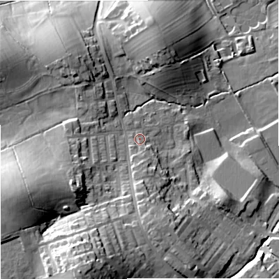 Shaded relief map of the ground around BB185LB, computed from Environment Agency LiDAR. The ground here sits at about 144 m above sea level and falls 38 m across the surrounding 800 m. Surface water reaching this point runs off ground lying to the south, 4.1 m higher.