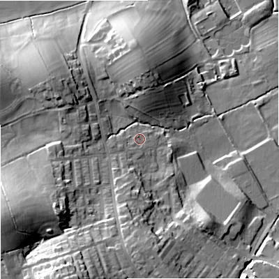 Shaded relief map of the ground around BB185LD, computed from Environment Agency LiDAR. The ground here sits at about 142 m above sea level and falls 35 m across the surrounding 800 m. Surface water reaching this point runs off ground lying to the south-south-west, 25.1 m higher.