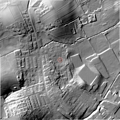 Shaded relief map of the ground around BB185LE, computed from Environment Agency LiDAR. The ground here sits at about 142 m above sea level and falls 38 m across the surrounding 800 m. Surface water reaching this point runs off ground lying to the south, 14.0 m higher.