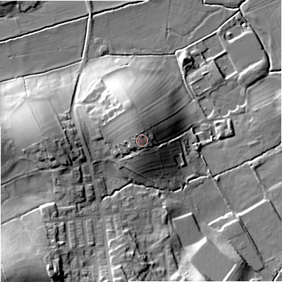 Shaded relief map of the ground around BB185LJ, computed from Environment Agency LiDAR. The ground here sits at about 152 m above sea level and falls 34 m across the surrounding 800 m. Surface water reaching this point runs off ground lying to the north-west, 2.8 m higher.