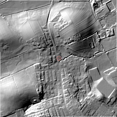 Shaded relief map of the ground around BB185LQ, computed from Environment Agency LiDAR. The ground here sits at about 144 m above sea level and falls 34 m across the surrounding 800 m. Surface water reaching this point runs off ground lying to the south-west, 22.2 m higher.