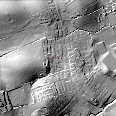 Shaded relief map of the ground around BB185LT, computed from Environment Agency LiDAR. The ground here sits at about 148 m above sea level and falls 38 m across the surrounding 800 m. Surface water reaching this point runs off ground lying to the west-south-west, 10.9 m higher.