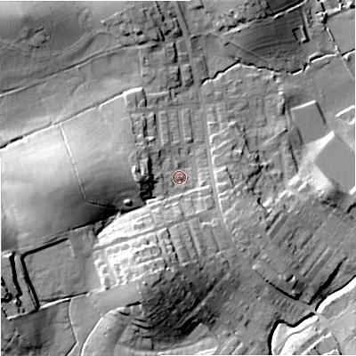 Shaded relief map of the ground around BB185LU, computed from Environment Agency LiDAR. The ground here sits at about 149 m above sea level and falls 37 m across the surrounding 800 m. Surface water reaching this point runs off ground lying to the south-west, 23.7 m higher.