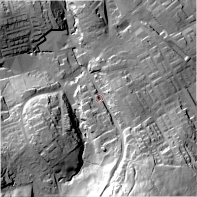 Shaded relief map of the ground around BB185NZ, computed from Environment Agency LiDAR. The ground here sits at about 168 m above sea level and falls 69 m across the surrounding 800 m. Surface water reaching this point runs off ground lying to the south-south-east, 53.0 m higher.