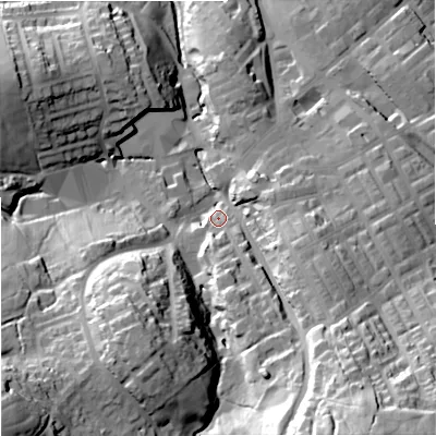 Shaded relief map of the ground around BB185PA, computed from Environment Agency LiDAR. The ground here sits at about 163 m above sea level and falls 58 m across the surrounding 800 m. Surface water reaching this point runs off ground lying to the south-south-east, 37.0 m higher.