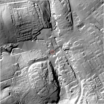 Shaded relief map of the ground around BB185PS, computed from Environment Agency LiDAR. The ground here sits at about 161 m above sea level and falls 61 m across the surrounding 800 m. Surface water reaching this point runs off ground lying to the south-south-east, 33.8 m higher.
