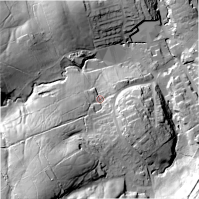 Shaded relief map of the ground around BB185QQ, computed from Environment Agency LiDAR. The ground here sits at about 174 m above sea level and falls 70 m across the surrounding 800 m. Surface water reaching this point runs off ground lying to the south-south-west, 49.3 m higher.