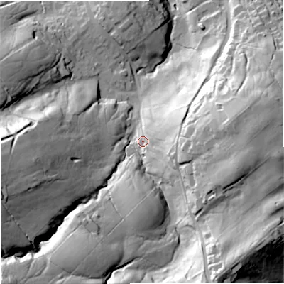 Shaded relief map of the ground around BB185QR, computed from Environment Agency LiDAR. The ground here sits at about 194 m above sea level and falls 75 m across the surrounding 800 m. Surface water reaching this point runs off ground lying to the east, 33.7 m higher.