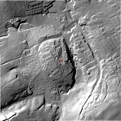 Shaded relief map of the ground around BB185QW, computed from Environment Agency LiDAR. The ground here sits at about 188 m above sea level and falls 76 m across the surrounding 800 m. Surface water reaching this point runs off ground lying to the south-west, 8.9 m higher.