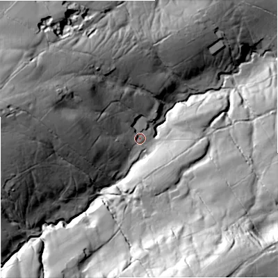Shaded relief map of the ground around BB185SB, computed from Environment Agency LiDAR. The ground here sits at about 196 m above sea level and falls 90 m across the surrounding 800 m. Surface water reaching this point runs off ground lying to the west, 37.5 m higher.
