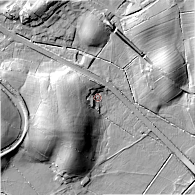 Shaded relief map of the ground around BB185TG, computed from Environment Agency LiDAR. The ground here sits at about 142 m above sea level and falls 22 m across the surrounding 800 m. Surface water reaching this point runs off ground lying to the west-south-west, 14.3 m higher.