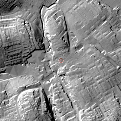 Shaded relief map of the ground around BB185UT, computed from Environment Agency LiDAR. The ground here sits at about 164 m above sea level and falls 48 m across the surrounding 800 m. Surface water reaching this point runs off ground lying to the north-north-east, 3.0 m higher.