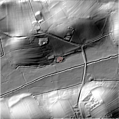 Shaded relief map of the ground around BB185XD, computed from Environment Agency LiDAR. The ground here sits at about 135 m above sea level and falls 25 m across the surrounding 800 m. Surface water reaching this point runs off ground lying to the west-north-west, 16.5 m higher.
