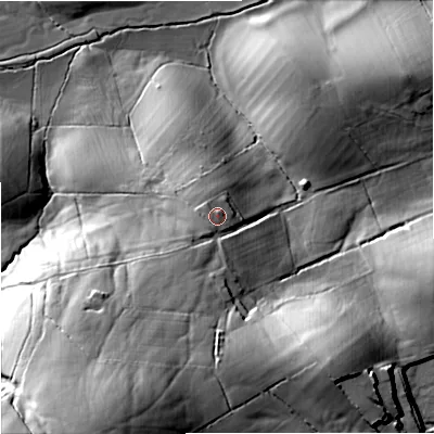 Shaded relief map of the ground around BB185XE, computed from Environment Agency LiDAR. The ground here sits at about 159 m above sea level and falls 53 m across the surrounding 800 m. Surface water reaching this point runs off ground lying to the north, 0.9 m higher.