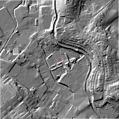 Shaded relief map of the ground around BB186DX, computed from Environment Agency LiDAR. The ground here sits at about 144 m above sea level and falls 29 m across the surrounding 800 m. Surface water reaching this point runs off ground lying to the south-south-east, 2.4 m higher.