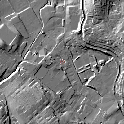 Shaded relief map of the ground around BB186DY, computed from Environment Agency LiDAR. The ground here sits at about 144 m above sea level and falls 30 m across the surrounding 800 m. Surface water reaching this point runs off ground lying to the south-south-west, 20.8 m higher.