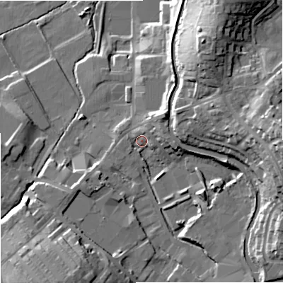 Shaded relief map of the ground around BB186EA, computed from Environment Agency LiDAR. The ground here sits at about 144 m above sea level and falls 30 m across the surrounding 800 m. Surface water reaching this point runs off ground lying to the east-south-east, 19.4 m higher.