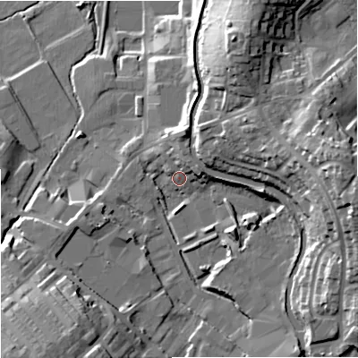 Shaded relief map of the ground around BB186EB, computed from Environment Agency LiDAR. The ground here sits at about 145 m above sea level and falls 31 m across the surrounding 800 m. Surface water reaching this point runs off ground lying to the east, 24.4 m higher.