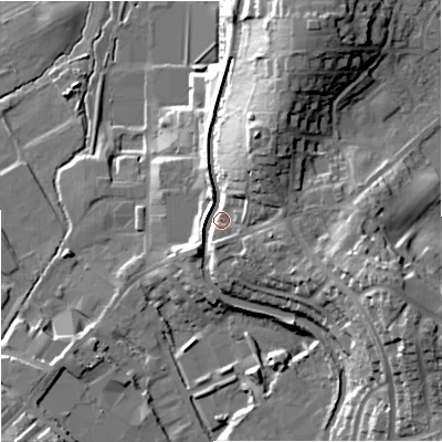 Shaded relief map of the ground around BB186FF, computed from Environment Agency LiDAR. The ground here sits at about 151 m above sea level and falls 32 m across the surrounding 800 m. Surface water reaching this point runs off ground lying to the east-south-east, 19.1 m higher.