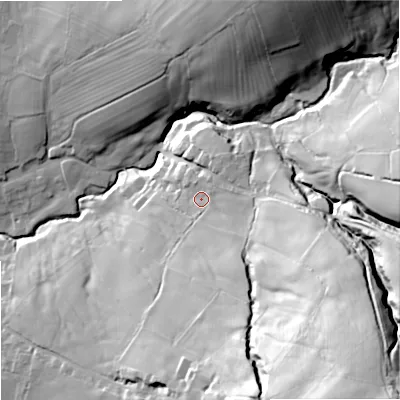 Shaded relief map of the ground around BB186FL, computed from Environment Agency LiDAR. The ground here sits at about 160 m above sea level and falls 85 m across the surrounding 800 m. Surface water reaching this point runs off ground lying to the south-east, 63.6 m higher.