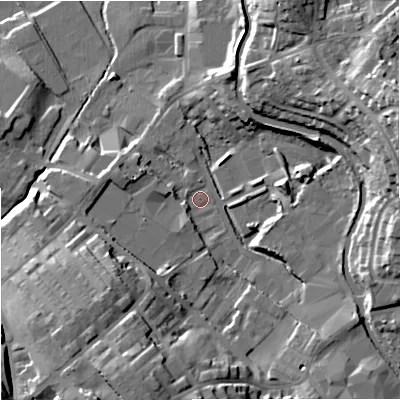 Shaded relief map of the ground around BB186JA, computed from Environment Agency LiDAR. The ground here sits at about 144 m above sea level and falls 28 m across the surrounding 800 m. Surface water reaching this point runs off ground lying to the south-south-west, 21.6 m higher.